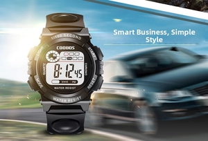 Close-up of waterproof digital sports watch display showing time and chronograph features