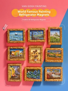 Detailed macro shot of 3D resin Van Gogh painting magnets with ornate gold frames