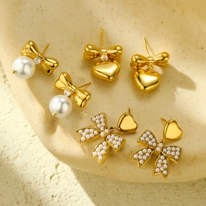 Bowknot Heart Earrings Stainless Steel 18K Gold Plated Zircon Faux Artificial Pearl Elegant Fashion Minimalist Jewelry For Women