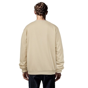 Detail view of the back of a men's loose beige crewneck sweatshirt with ribbed hem and cuffs