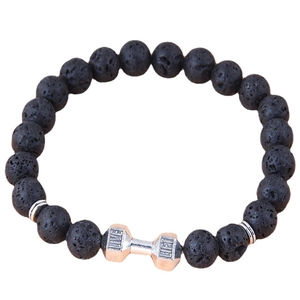 Natural Black Lava Stone Beaded Bracelet With Alloy Owl Skull Dumbbell Crown Leopard Head Charms Gothic Punk Unisex