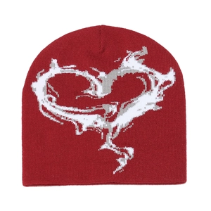 Winter-Strickmütze in Rot mit Vintage-Herz-Jacquard-Muster im Street-Art-Design