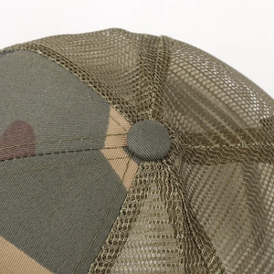Macro shot of breathable brown nylon mesh and camouflage fabric with top button detail