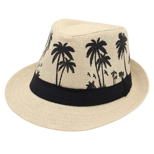 Beige straw fedora hat with black coconut tree print and ribbon for summer beach vacation