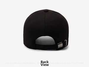 Back view of black wool baseball cap featuring adjustable metal buckle and strap