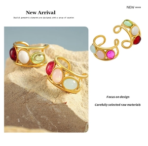 Detail of 18K gold-plated open ring with multi-colored gemstones in geometric hollow design