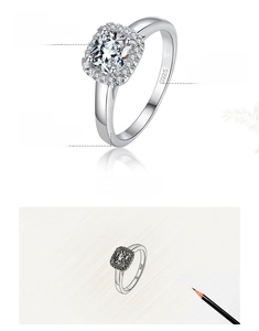 Macro view showing a 925 sterling silver princess cut zircon ring with design sketches
