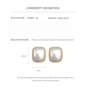 Detail view of square pearl earrings in alloy gold frame with 2.2cm size dimensions