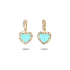 French style heart-shaped gold earrings with sky blue enamel and sparkling crystal pavé