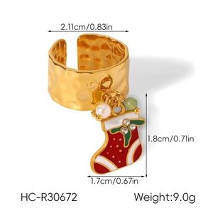 Detailed view of gold Christmas tree pendant ring with dimensions and enamel charms