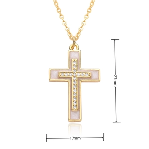 Detail showing cross pendant dimensions 27mm by 17mm with gold finish and zircon inlay