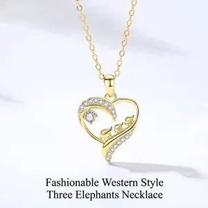 925 Sterling Silver Heart Elephant Pendant Necklace Rhinestone Inlaid Elephant Family Charm Chain For Women Jewelry Gift