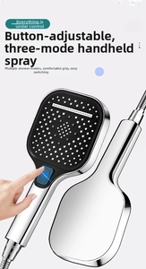 Close-up of square pressurized hand shower with 3-mode switch and chrome finish