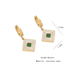 Detail view of geometric square earrings in stainless steel with green crystals