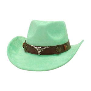 Mint green suede western cowboy hat featuring a leather band and silver bull skull ornament