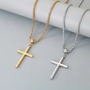 Minimalist Cross Pendant Necklace Stainless Steel Polished Box Chain Religious Jewelry For Men Women