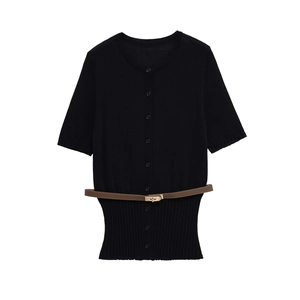Elegant Women Short Sleeve Knit Cardigan Round Neck Button Front Slim Fit Solid Color With Thin Waist Belt