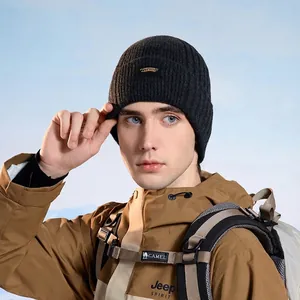 Men's winter ribbed knit beanie with warm fleece lining and STUDIO label for outdoor