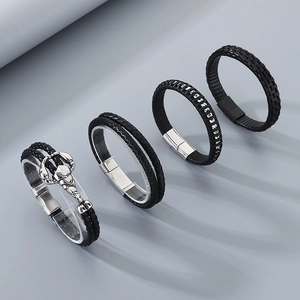 Men's multi-layered black braided leather and silicone bracelets with silver scorpion charm