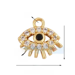 Detail of evil eye charm with gold plating, zircon inlay, and 8mm x 6mm size specifications