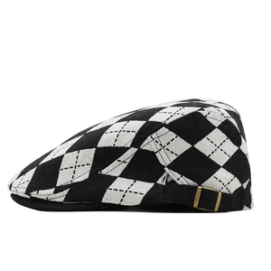 Side view of checkered newsboy hat featuring a bronze metal adjustment buckle