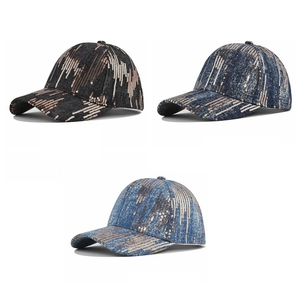 Detailed comparison of three sequined denim baseball caps in black and blue shades
