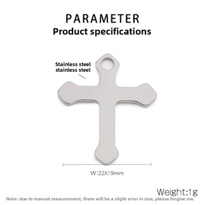 Detailed size chart for stainless steel cross pendant measuring 22x19mm and 1g weight