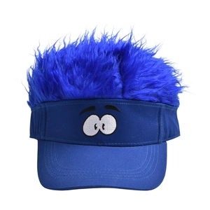 Detail of creative blue baseball cap with fun wig hair and cartoon eyes embroidery