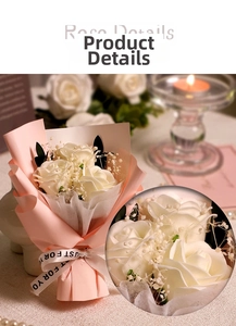 Detailed view of soap rose bouquet with three white roses and pink wrapping paper