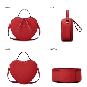Red heart-shaped leather crossbody bag showing front, side, back and bottom views