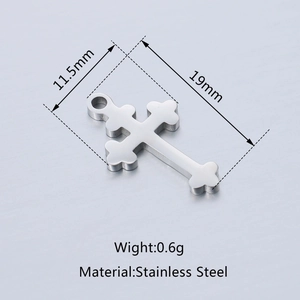 Detailed view of stainless steel cross pendant measuring 19mm by 11.5mm with weight info