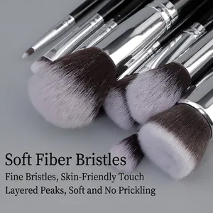 Professional 12-piece black and silver makeup brush set with soft gradient synthetic fibers