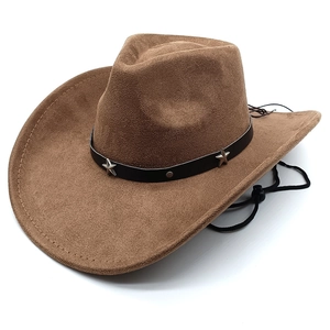 Classic dark brown suede cowboy hat with star-studded leather band and chin cord
