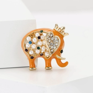 Cute enamel elephant brooch with pearls and colorful rhinestones on a gold metal base