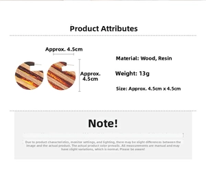 Detail view of wood and resin geometric round earrings with 4.5cm size measurements