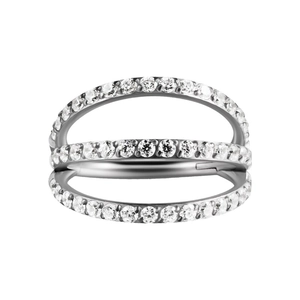 Three-layer stainless steel septum clicker ring with white cubic zirconia pavé setting