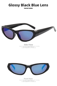 Close-up of Y2K sporty sunglasses featuring shiny black frames and blue mirrored lenses