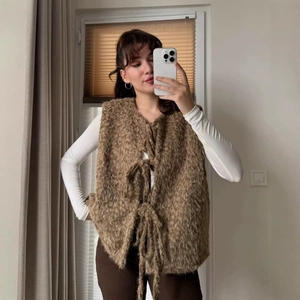 Plush Faux Fur Vest Waistcoat Tie Up Bow Front Sleeveless Loose Solid Color Casual Autumn Winter For Women