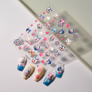 5D embossed cat and puppy nail art decals featuring colorful cartoon pet designs and paw prints