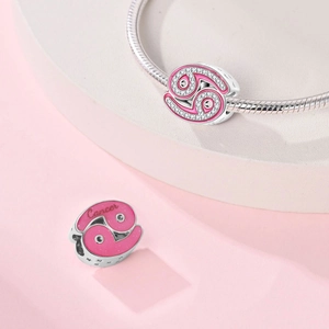 Pink enamel Cancer zodiac charm with cubic zirconia in silver-plated copper finish