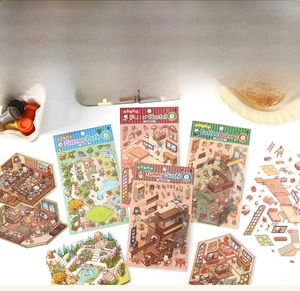Detail of 3D miniature house scrapbook stickers with hand-drawn cafe and forest themes