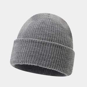 Classic grey ribbed knit beanie with a stylish rolled cuff and warm rounded top design