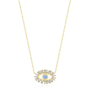 Evil Eye Pendant Necklace 925 Sterling Silver With Blue Zircon And Baguette Cubic Zirconia Vintage Clavicle Chain Jewelry For Women