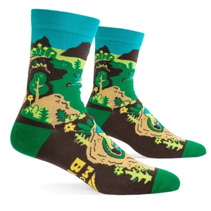 Detail showing landscape knit pattern on cotton crew socks with mountain and tree scenery