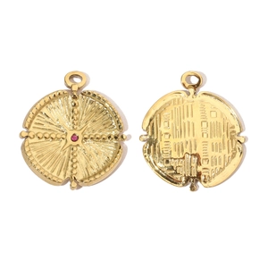 Detailed front and back views of gold starburst pendants with a red crystal inlay