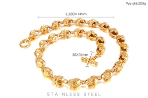 Détails du collier à maillons crâne en acier doré avec dimensions et spécifications
