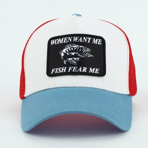Detail of vintage trucker hat with embroidered fish slogan and breathable mesh paneling