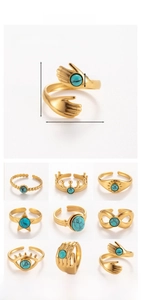 Tile display of stainless steel rings with natural turquoise and design measurements