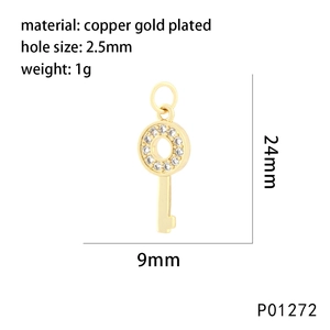 Detailed size specifications of 24mm gold plated key pendant with cubic zirconia inlay