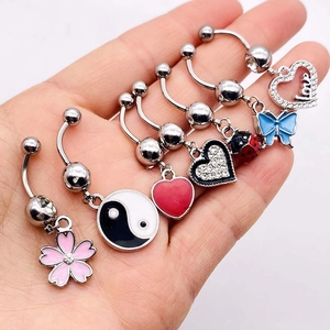 Set of 6 stainless steel belly rings with butterfly heart flower and ladybug charms